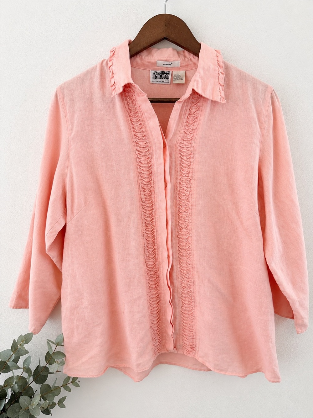 Edward Irish Linen Ruffle Blouse Pink Quiet Luxury Coastal Office Cottage XL G69